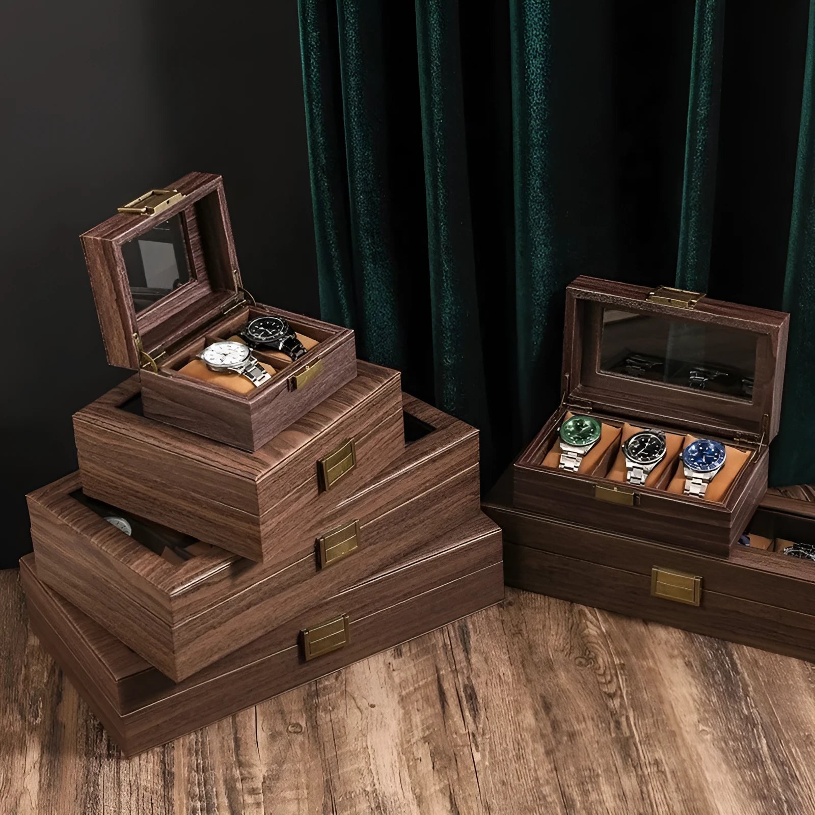 Wood grain leather 2-watch box with soft pillow and glass lid MDF shell