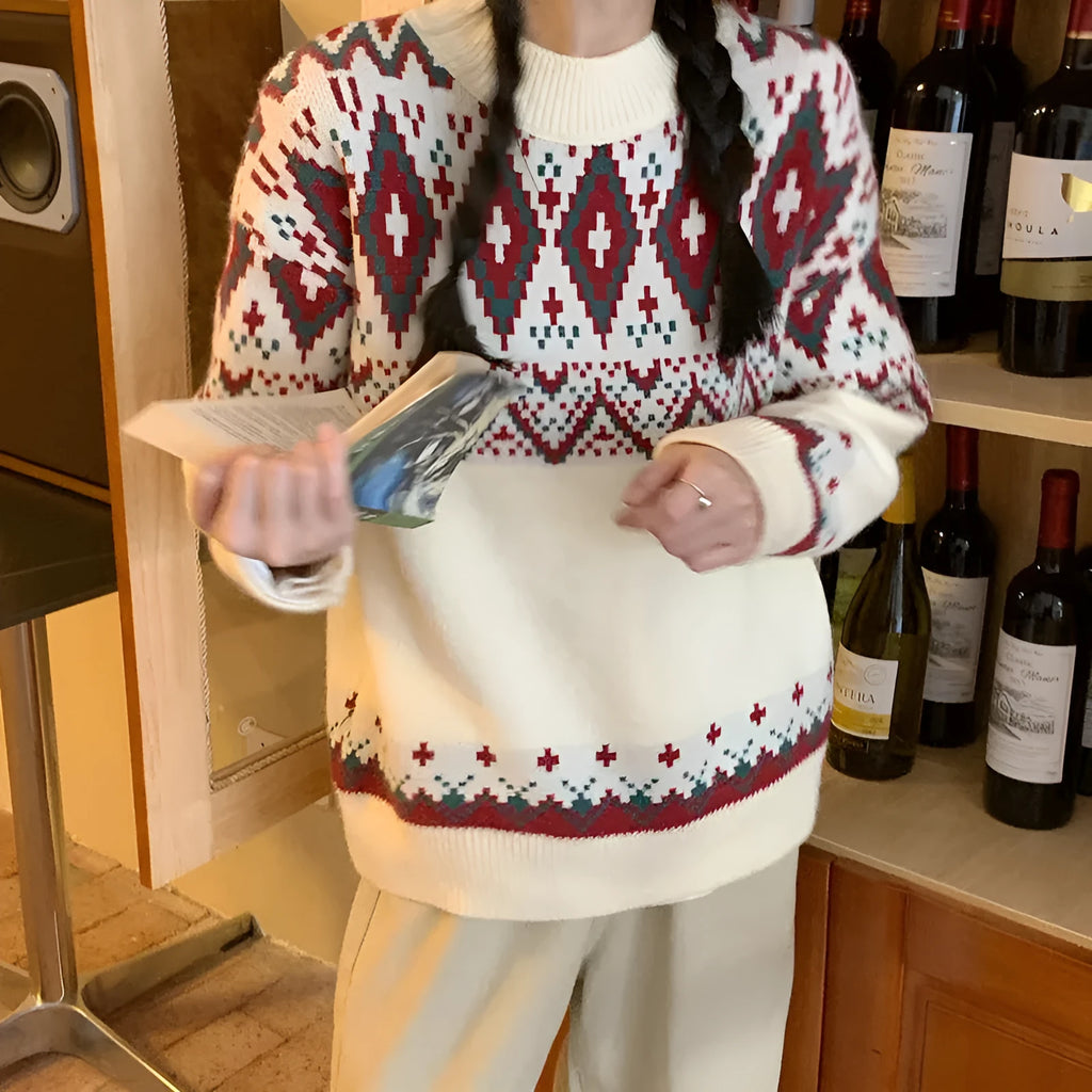 Loose retro striped pullover knitted top in red or white with long sleeves