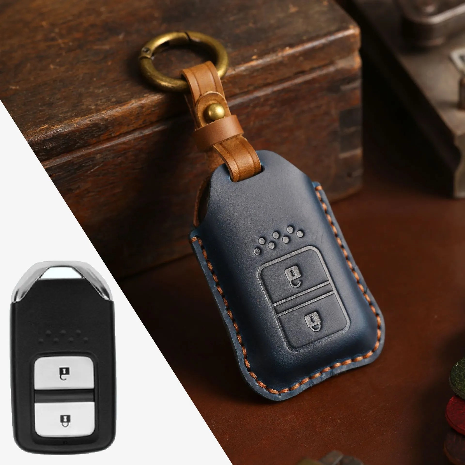 Full leather cowhide car key case for remote key fob protection, available in multiple colours and button layouts