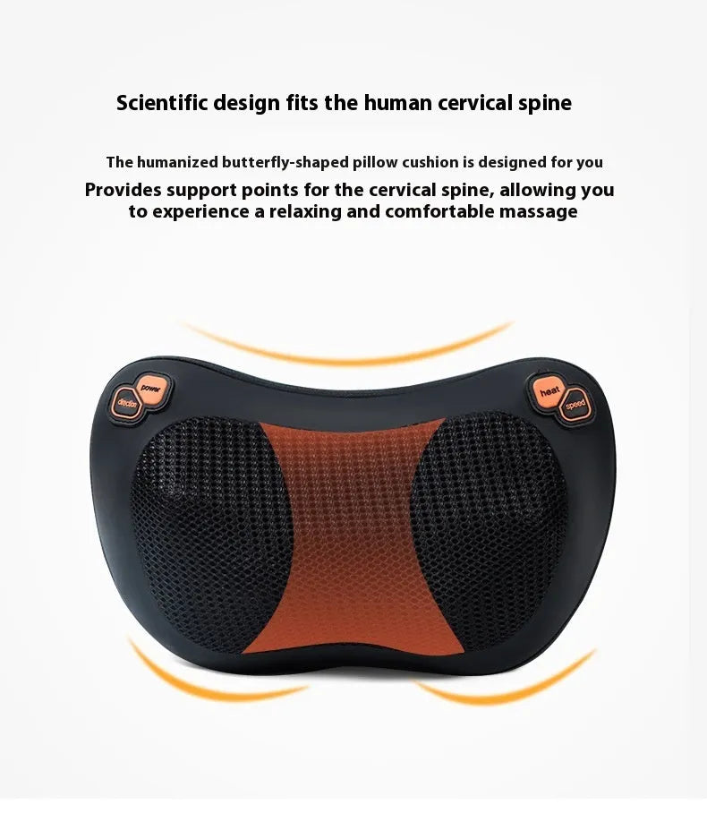 Smart shoulder neck massager pillow with genuine leather fabric, showing 8 massage heads, available in black and brown colours