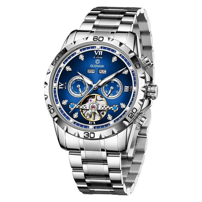 Men's automatic mechanical watch with stainless steel strap and silver case.