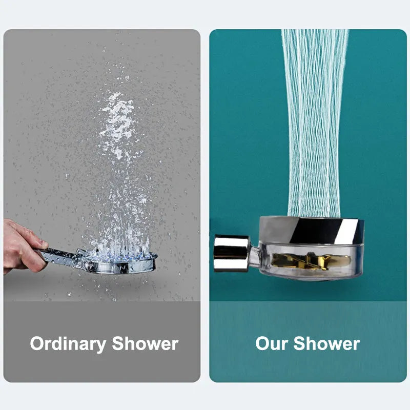Blue handheld shower head with stop button and turbo nozzle on a chrome bracket.