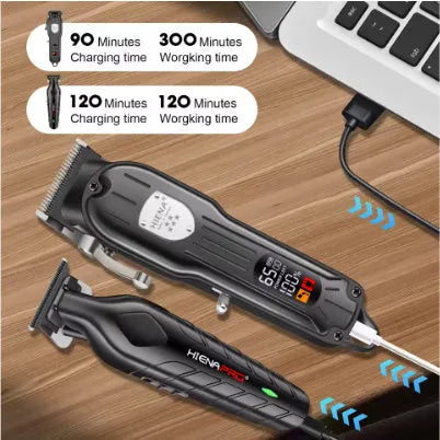 Black professional hair clipper set with aluminum foil shaver and LCD display.