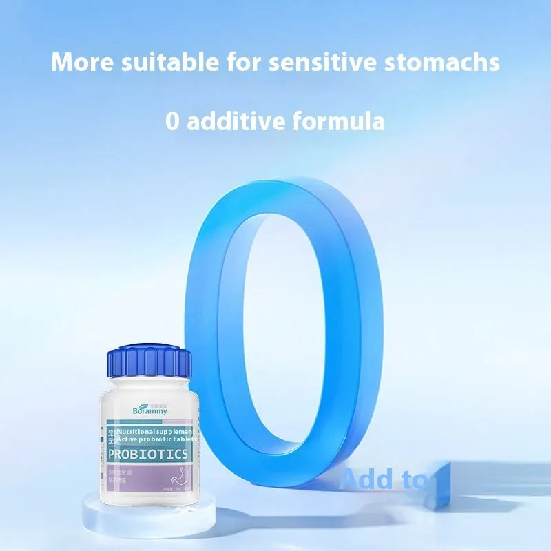 Sealed bottle containing 180 pet probiotic tablets for dog and cat digestive support.