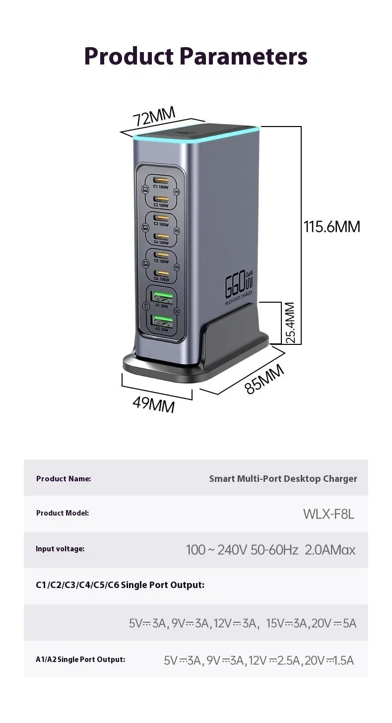 Black 660W Gallium Nitride desktop fast charger with multiple ports and international plug adapters.