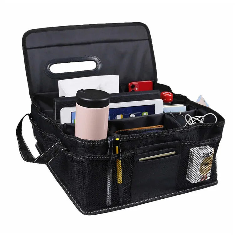 Black collapsible Oxford cloth car boot storage box showing dimensions