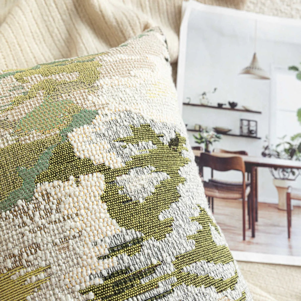 Antique green wool blend cushion cover with spring flowers pattern, shown in square and rectangular waist pillow sizes.