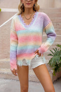 Pink rainbow pattern knitted pullover sweater loose cut plus size