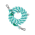 Woven rainbow double-headed dog leash with gold fittings shown at full length.