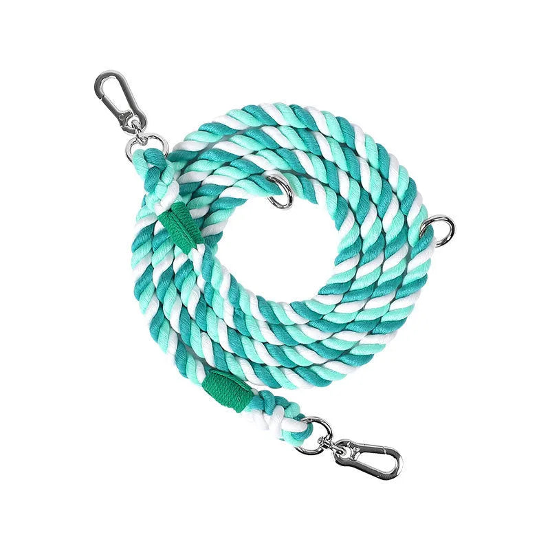 Woven rainbow double-headed dog leash with gold fittings shown at full length.
