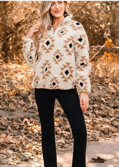 Khaki printed zip collar sweatshirt in polyester fibre, casual daily top, sizes S to 2XL