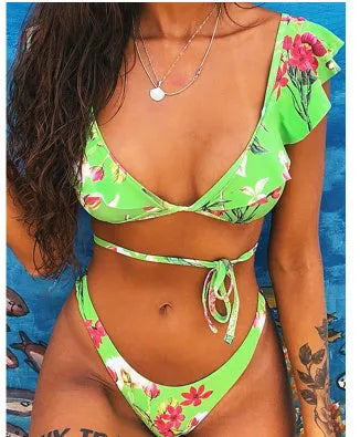 Floral patterned split bikini swimsuit set in yellow flower colour with nylon fabric construction
