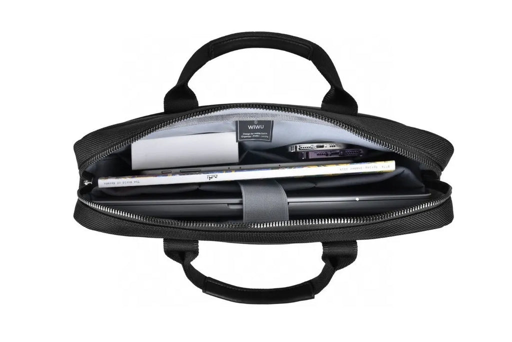 Black Oxford cloth laptop handbag with multiple pockets and compartments for a 14 or 15.6-inch computer.