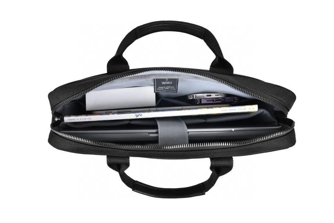 Black Oxford cloth laptop handbag with multiple pockets and compartments for a 14 or 15.6-inch computer.