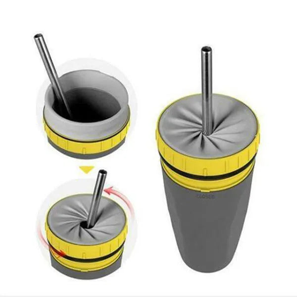Double wall insulated travel tumbler with twist seal showing cartoon patterns and straw