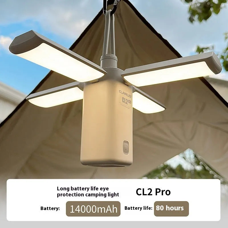 Green and white outdoor LED campsite lamp with USB charging cable and manual