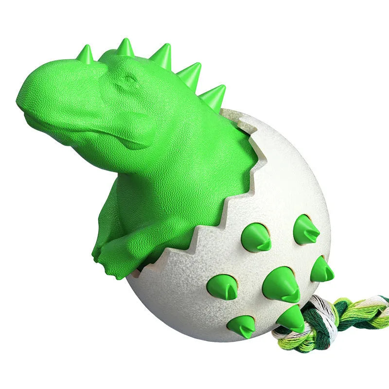 Blue durable rubber dinosaur dog chew toy with rope for aggressive chewers.
