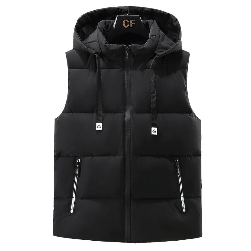 Men's solid blue fleece-lined vest with a detachable hood on a hanger.