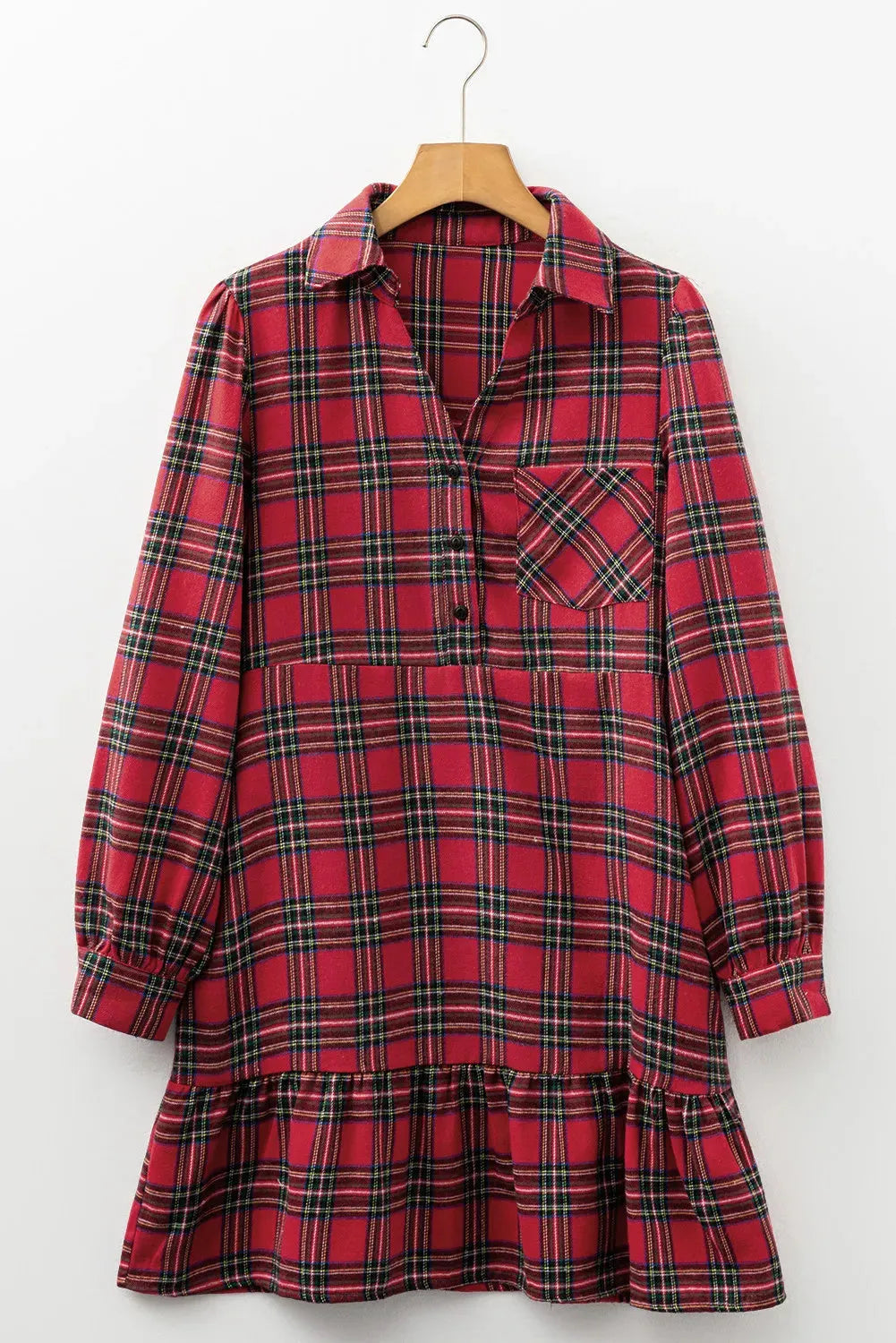 Red plaid mini dress with a shirt collar, long sleeves, half-button front, and a ruffle hem.