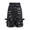 Man wearing black cropped PU leather shorts with a distinctive ring detail on the leg.