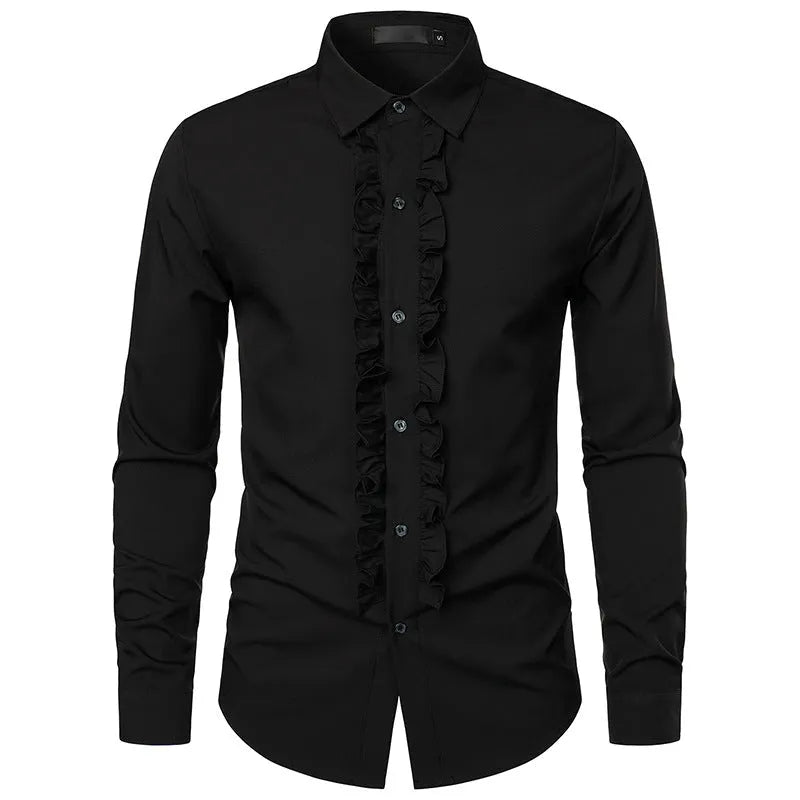 Men's long sleeve loose fit linen blend cardigan shirt in black, suitable for party or wedding wear