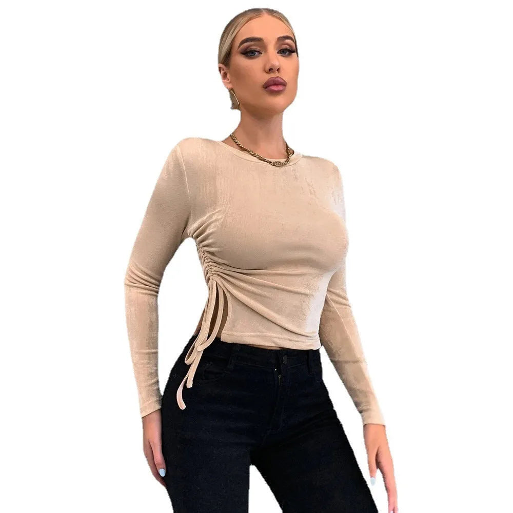 Slim-fit round-neck long-sleeve glossy knit top for women in khaki with shirring details, pullover style