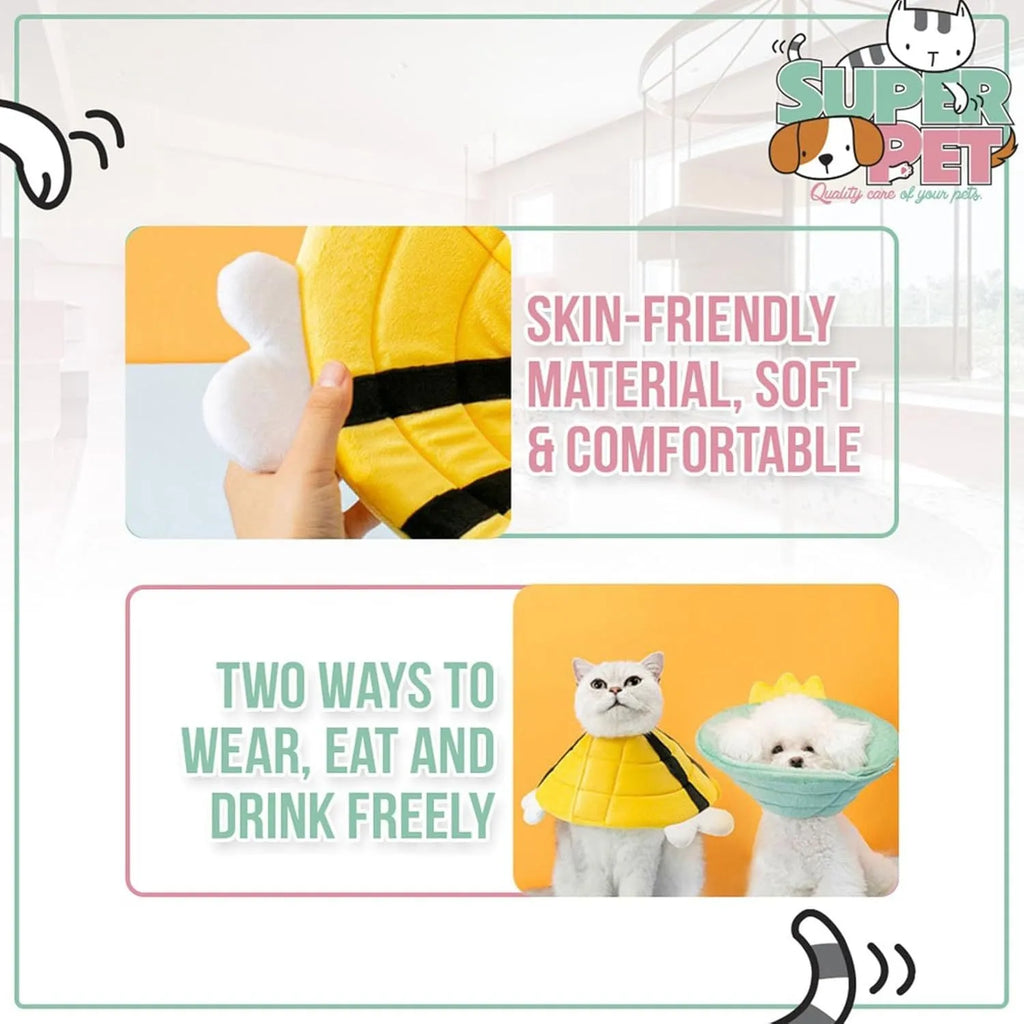 Soft bee-shaped cat cone collar with adjustable Velcro strap