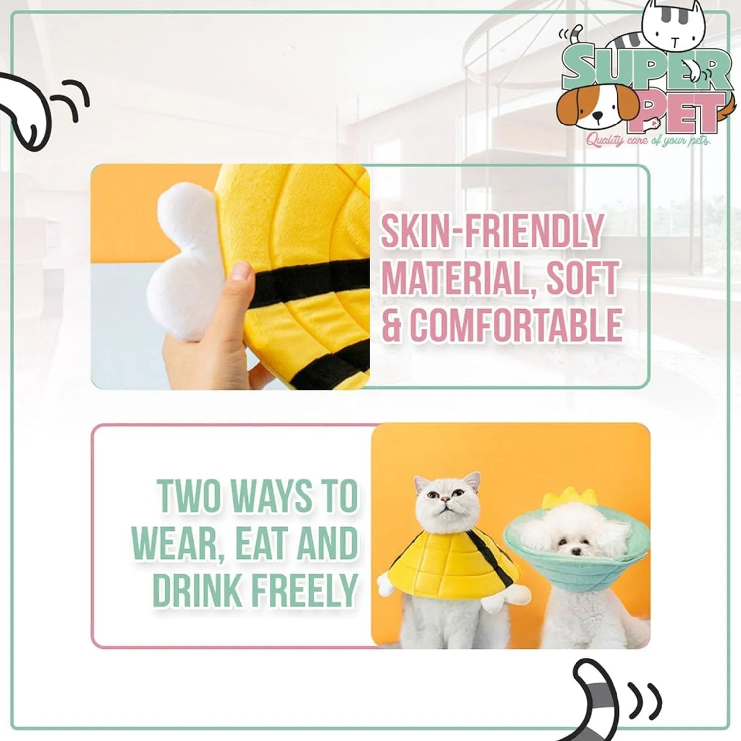 Soft bee-shaped cat cone collar with adjustable Velcro strap