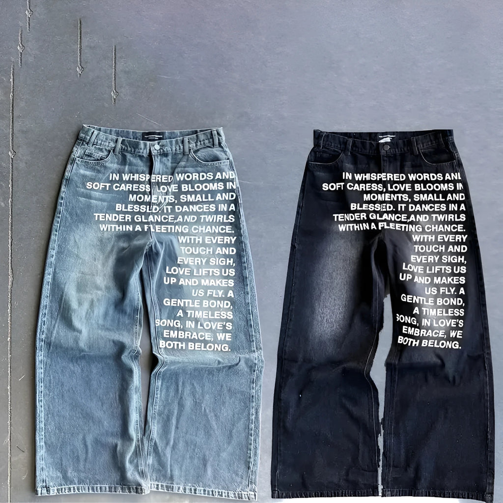 Men's black and blue cotton casual trousers with wide-leg straight cut and elasticated waistband