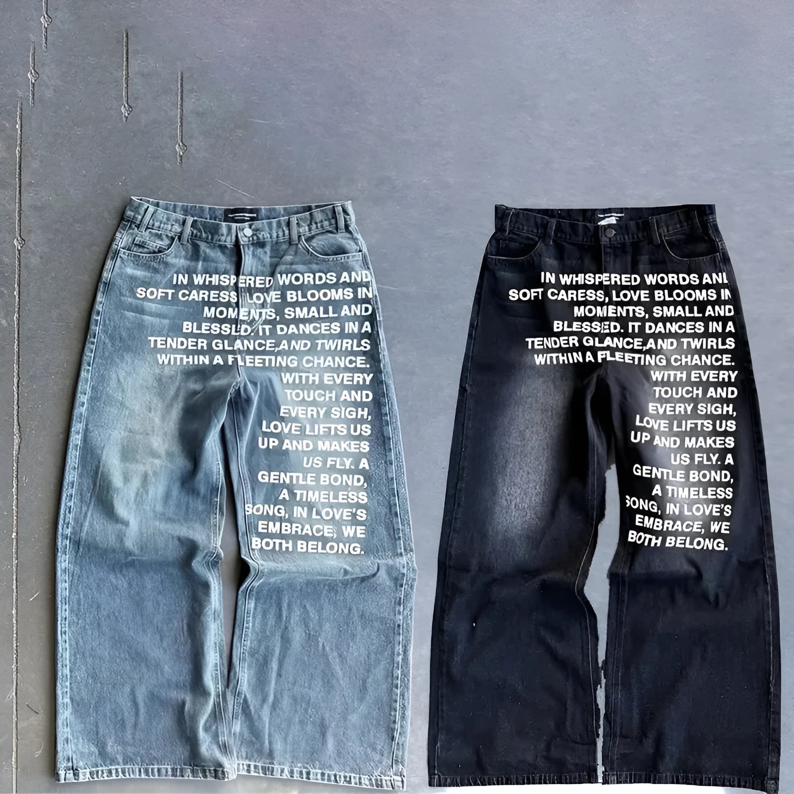 Men's black and blue cotton casual trousers with wide-leg straight cut and elasticated waistband