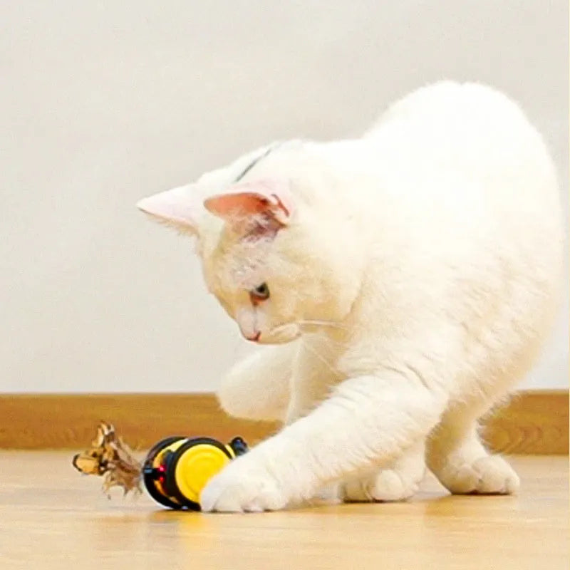 Bee-shaped electric cat car toy with feather teaser stick in pink and yellow colour options