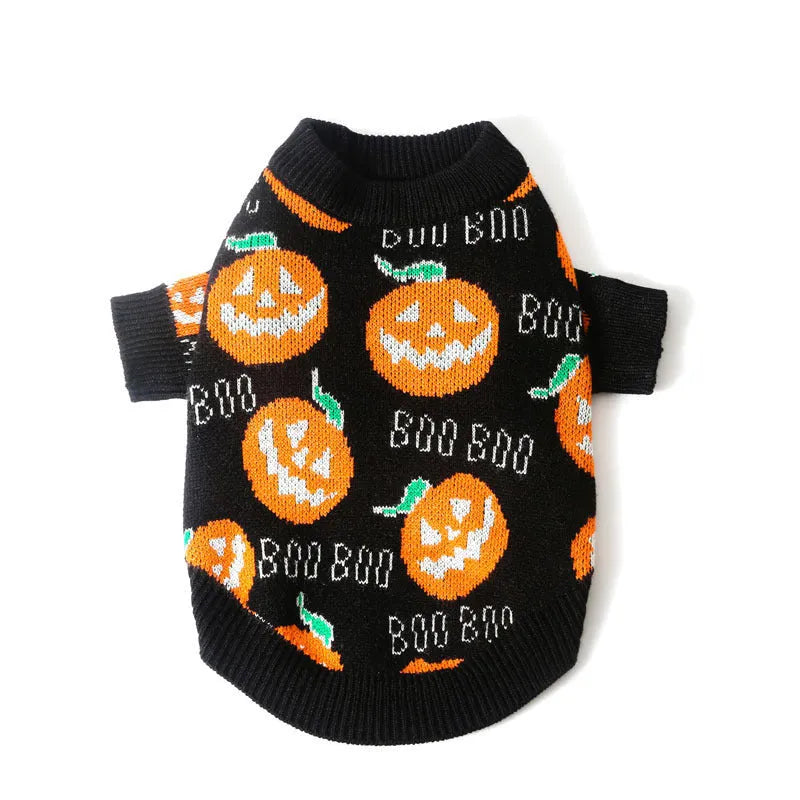 Black polyester Halloween dog sweater with orange pumpkin pattern showing front view