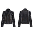 Black raw-edge splash-dye distressed denim coat with padded shoulders and matching trousers on a hanger.