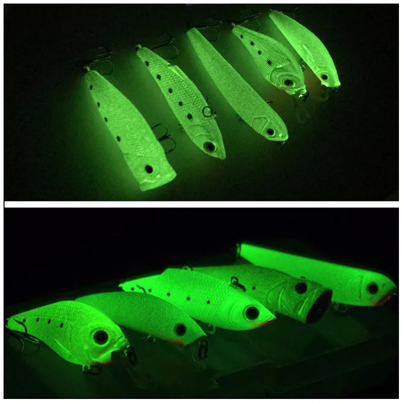 Set of five 3D fluorescent submerged luminous hard bait fishing lures in various colours.