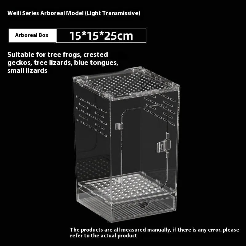 Transparent acrylic reptile feeding box showing PC construction and size options