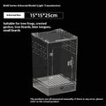 Transparent acrylic reptile feeding box showing PC construction and size options