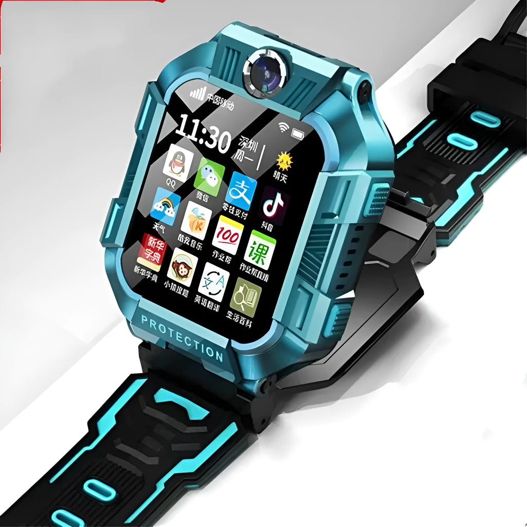 Children's A63 GPS smart watch with green silicone wristband and touchscreen display