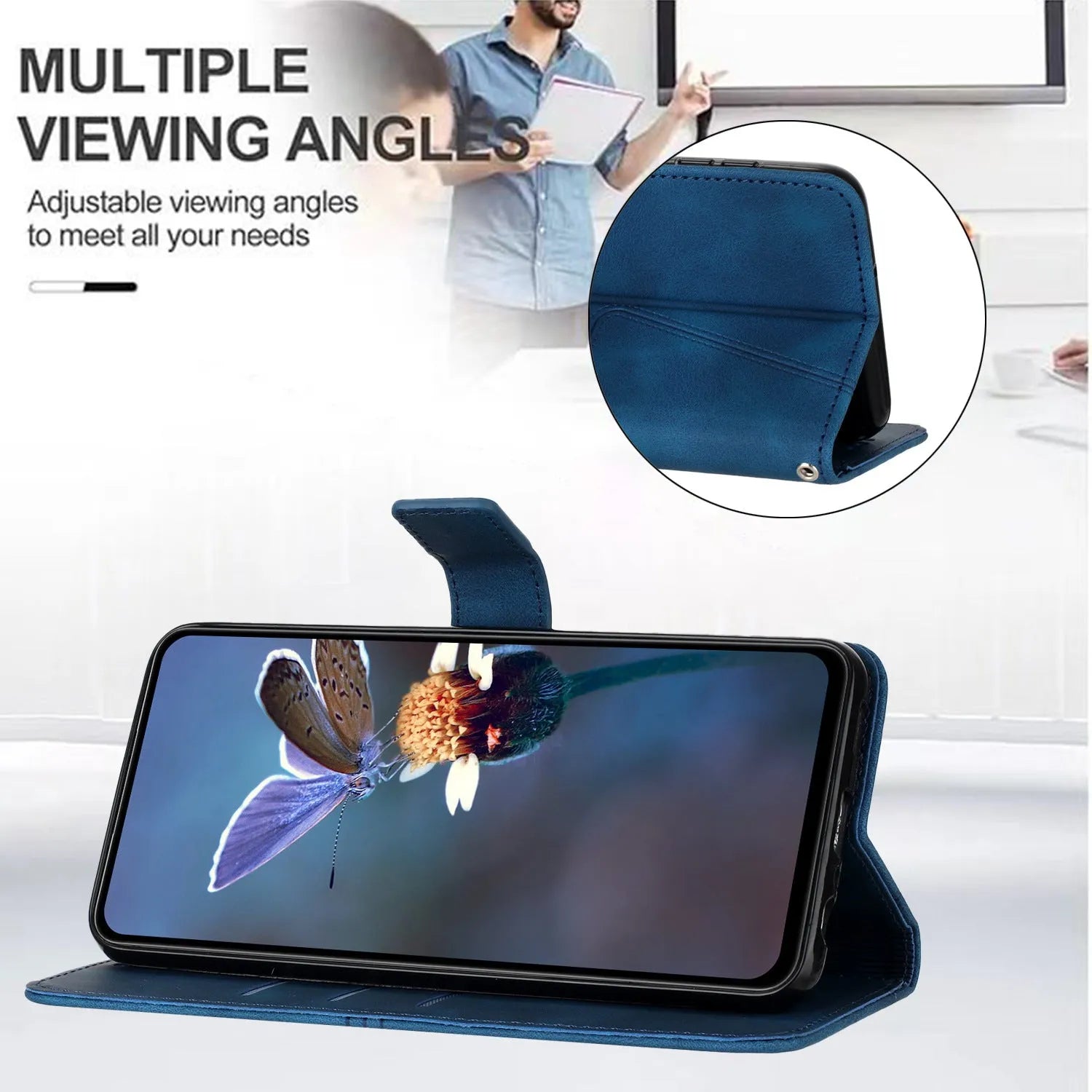 Blue geometric embossed flip card leather case for Samsung with short hand strap
