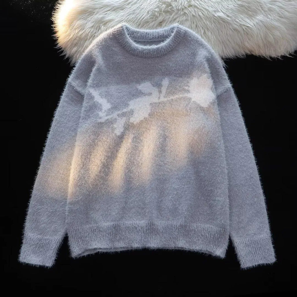 Men's dark rose flocking horse pattern pullover sweater in cotton-polyester fabric