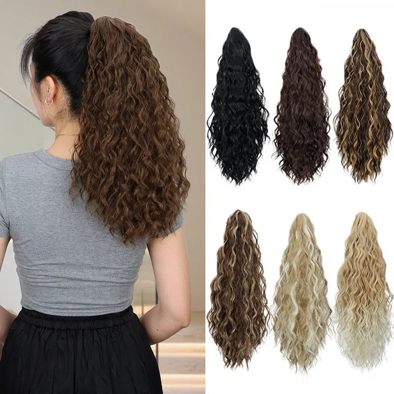 Corn curler ponytail wig with water ripple grip attachment in high temperature fibre hair, shown in colour 1B with a hair clip.