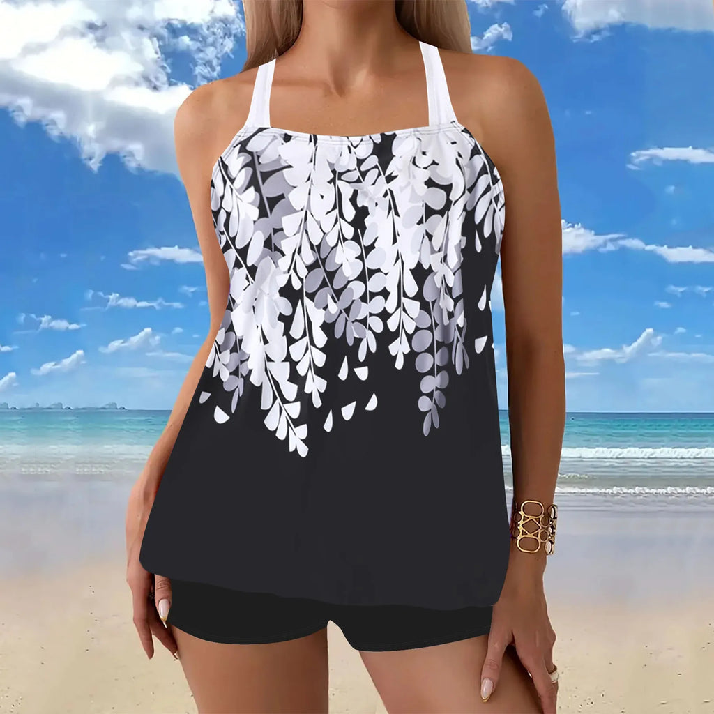 Women's split printed polyester bikini swimsuit in black, sleeveless top and briefs, size S to 5XL