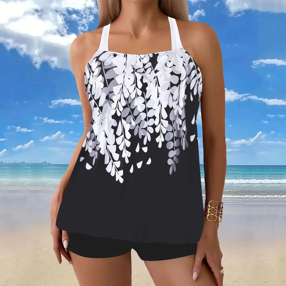 Women's split printed polyester bikini swimsuit in black, sleeveless top and briefs, size S to 5XL