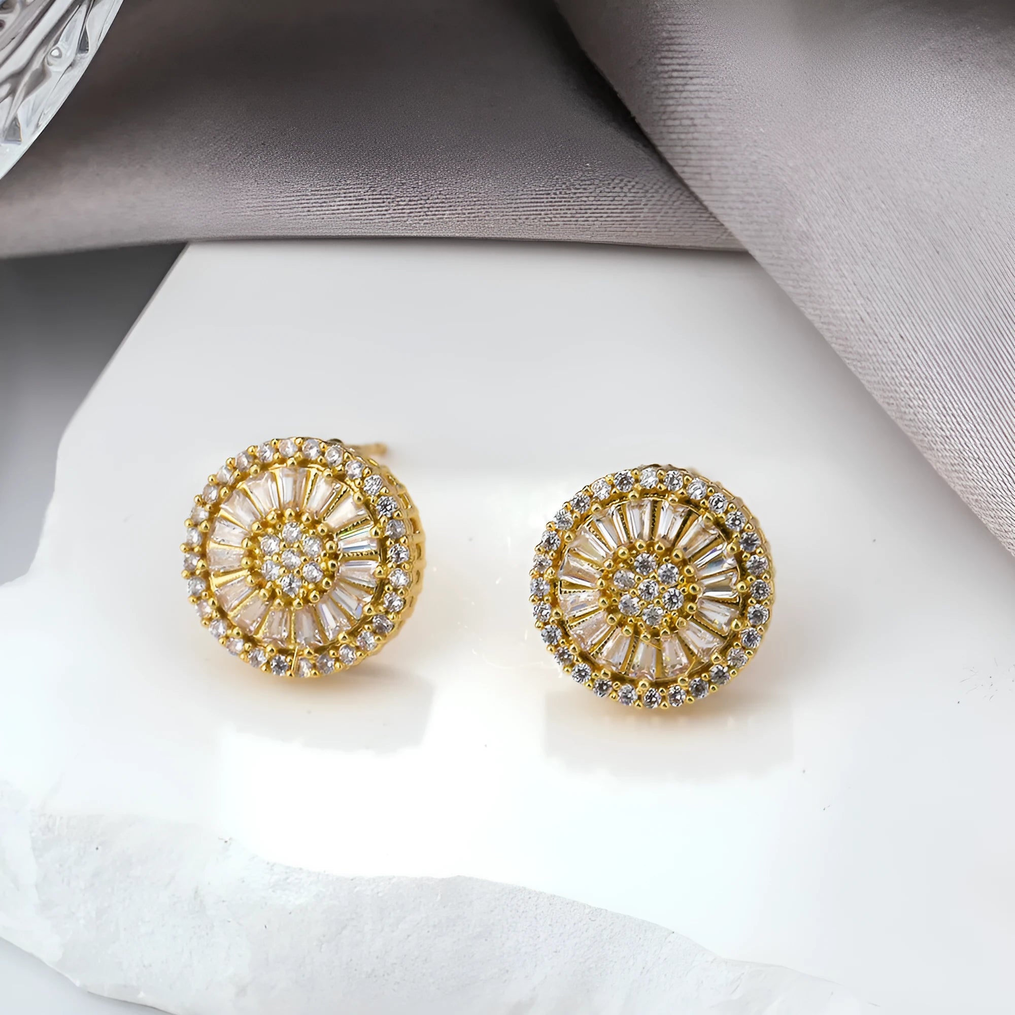 Geometric round pattern gold-coloured earrings on a white background, showcasing Ins style niche design.