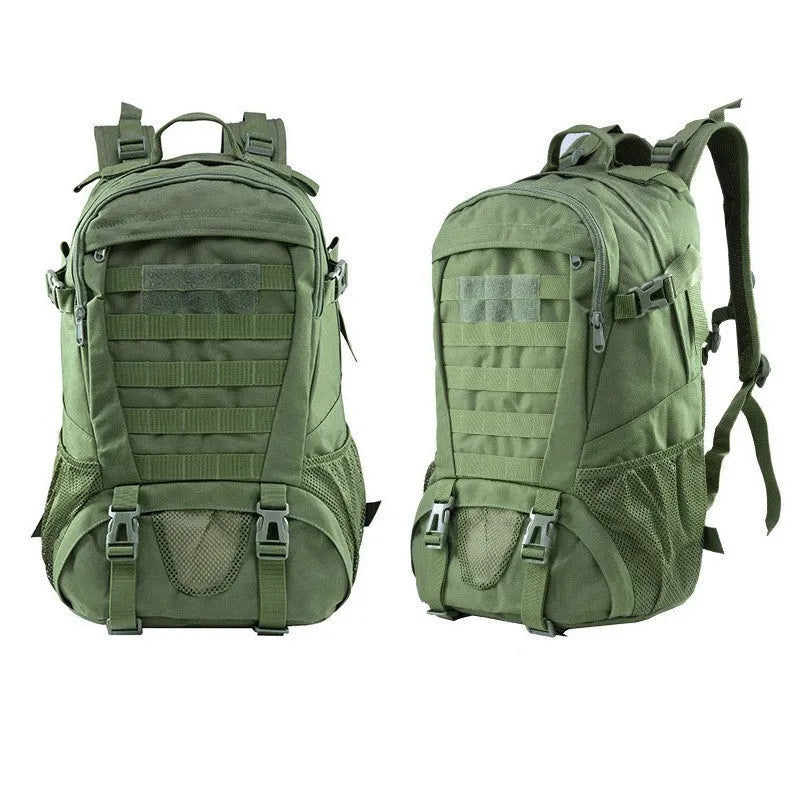 Green camouflage Oxford cloth mountaineering backpack with black straps and air pillow belt, shown from the side.