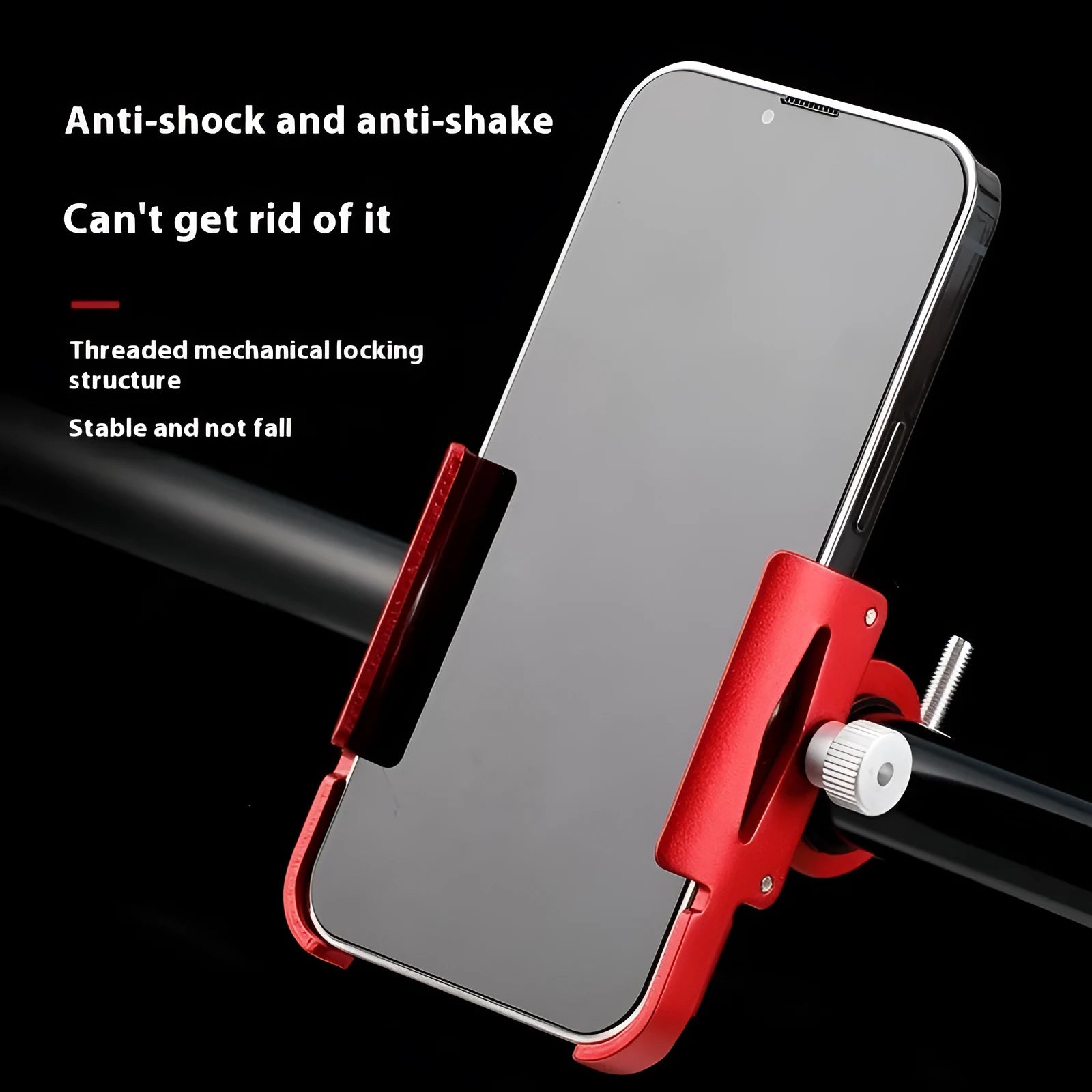Aluminium alloy mobile phone holder mounted on bicycle handlebars showing black finish option
