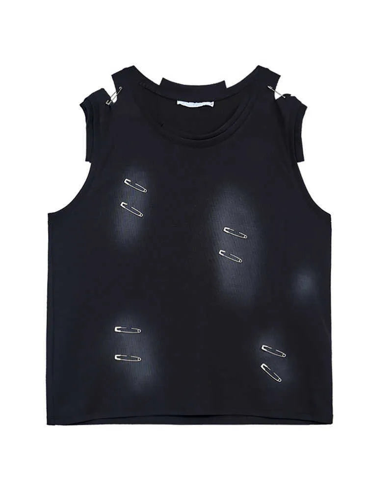 Men's black ripped sleeveless vest waistcoat t-shirt with irregular cutting and round neck