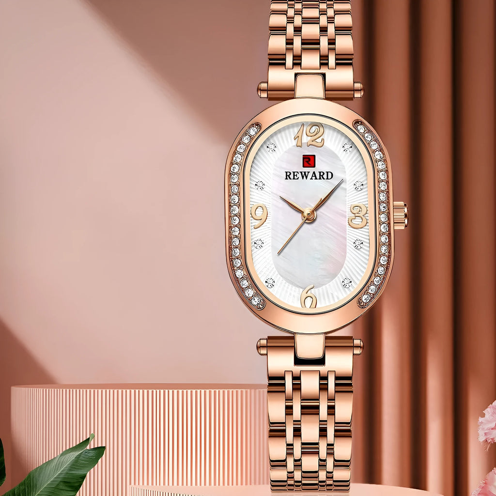 Ladies oval watch with diamond dial, 24mm case, gold-tone or rose-tone finish, and coloured strap