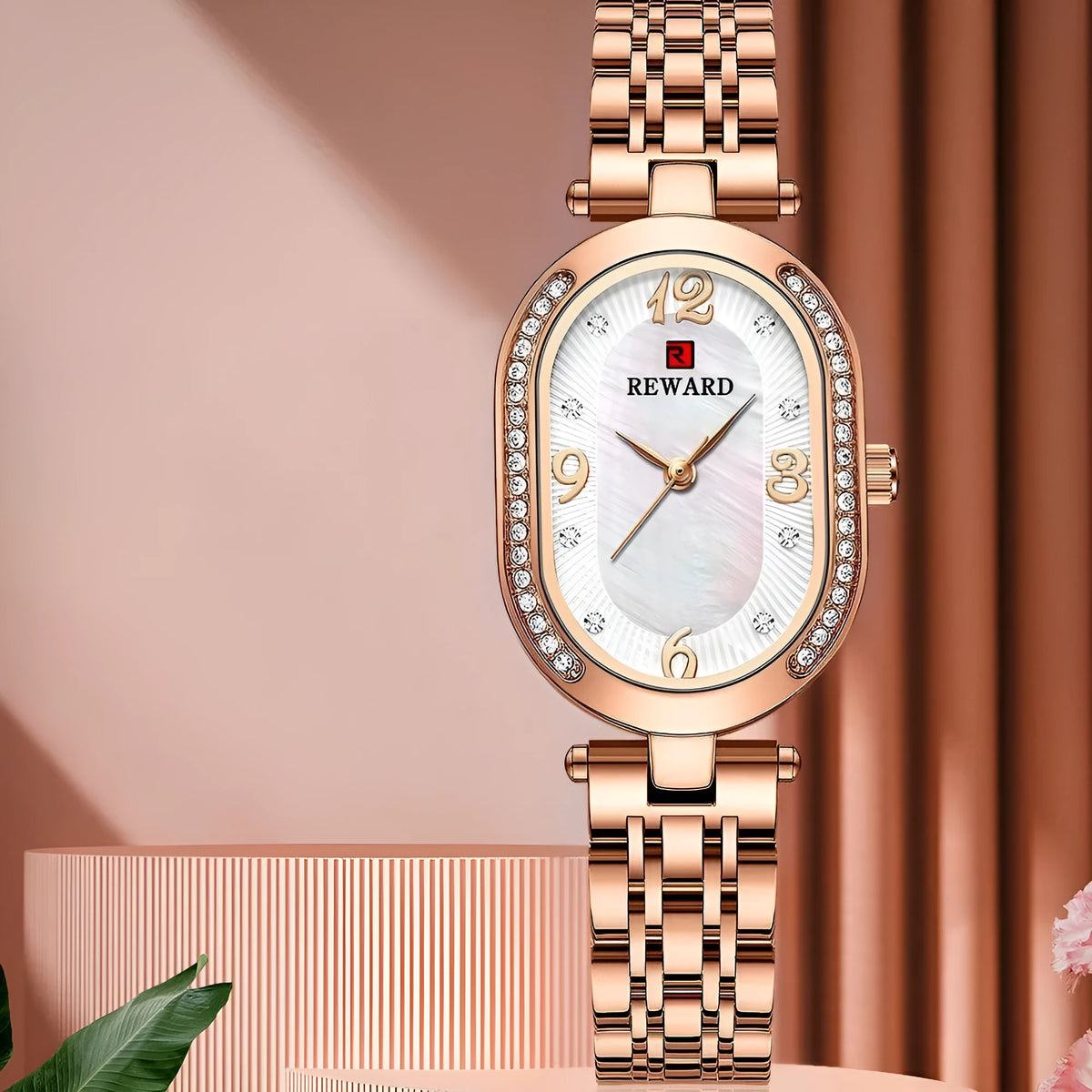 Ladies oval watch with diamond dial, 24mm case, gold-tone or rose-tone finish, and coloured strap