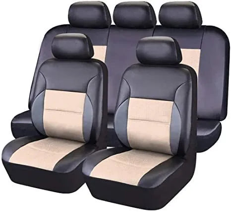 Set of artificial leather car seat covers showing headrest, front seat, and back seat pieces in a choice of colours.