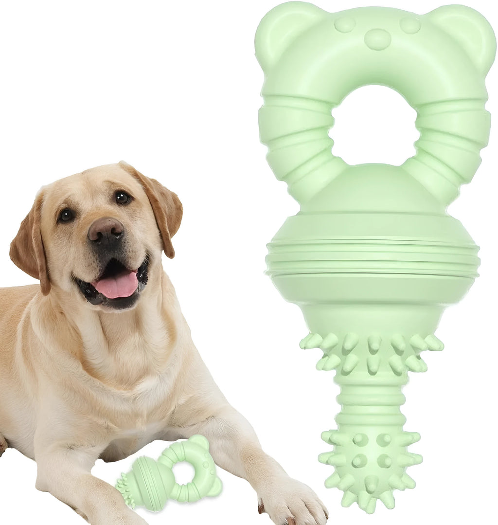 Blue green and pink rubber dog chew toy with textured surface and bell for aggressive chewers and large breeds.